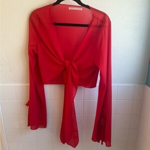 Red Semi-Sheer Tie-Front Cropper Blouse with Sleeve Accents